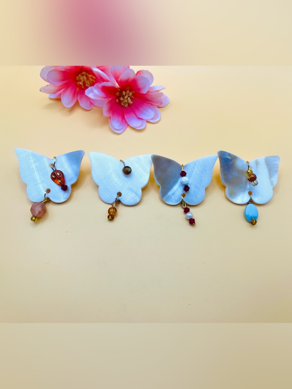 Lot of 4 Mother-of-Pearl Butterfly brooch multi color beads